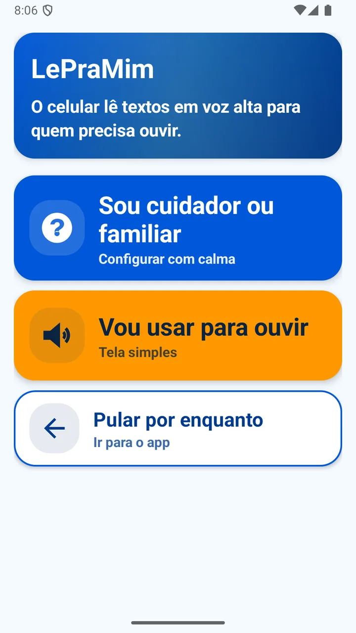 Tela de entrada do LePraMim com opções para cuidador e usuário