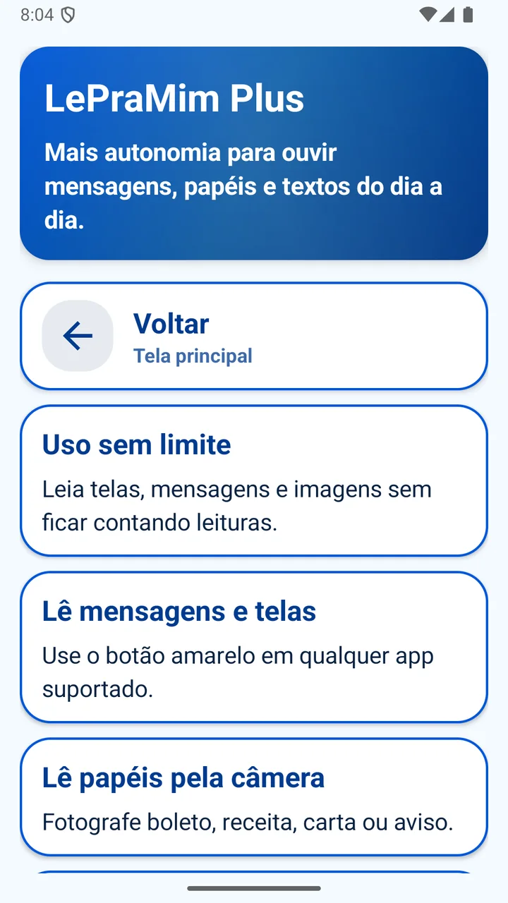 Tela real de apresentação dos recursos LePraMim Plus