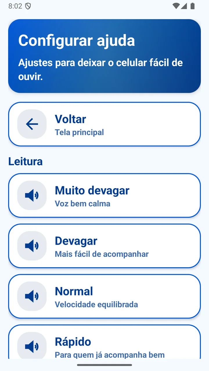 Tela real de configuração da velocidade da voz no LePraMim