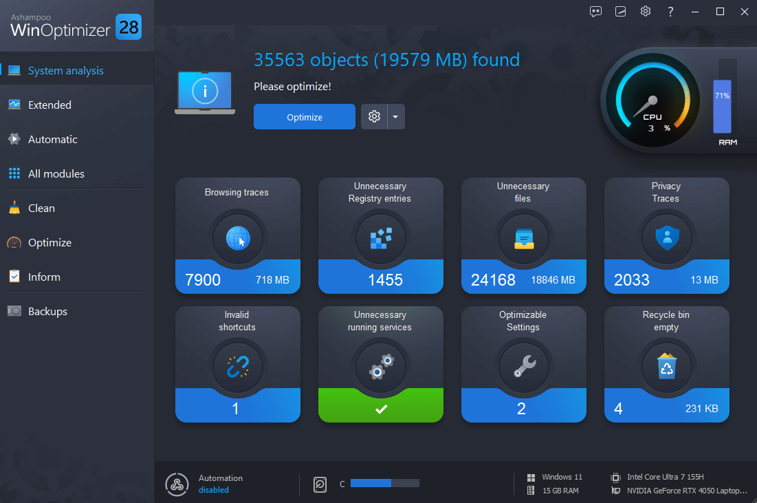 Analysis screen of Ashampoo WinOptimizer 28.