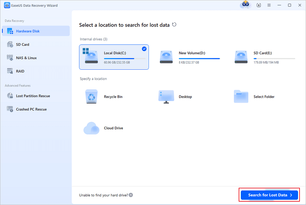 Écran de sélection du support dans EaseUS Data Recovery Wizard.