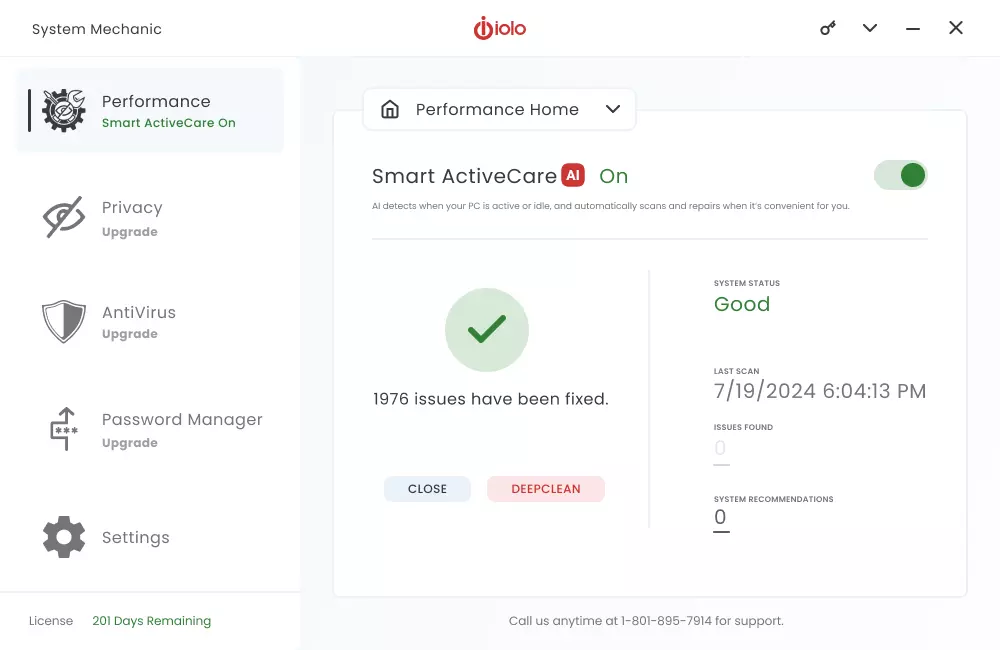 Ecran officiel de iolo System Mechanic avec ActiveCare.