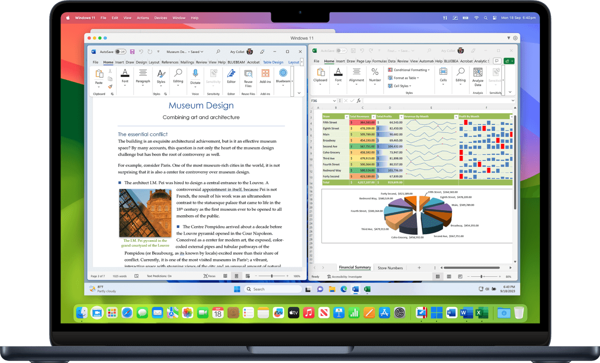 Aplicaciones de Microsoft Office ejecutándose en Windows dentro de Parallels Desktop.