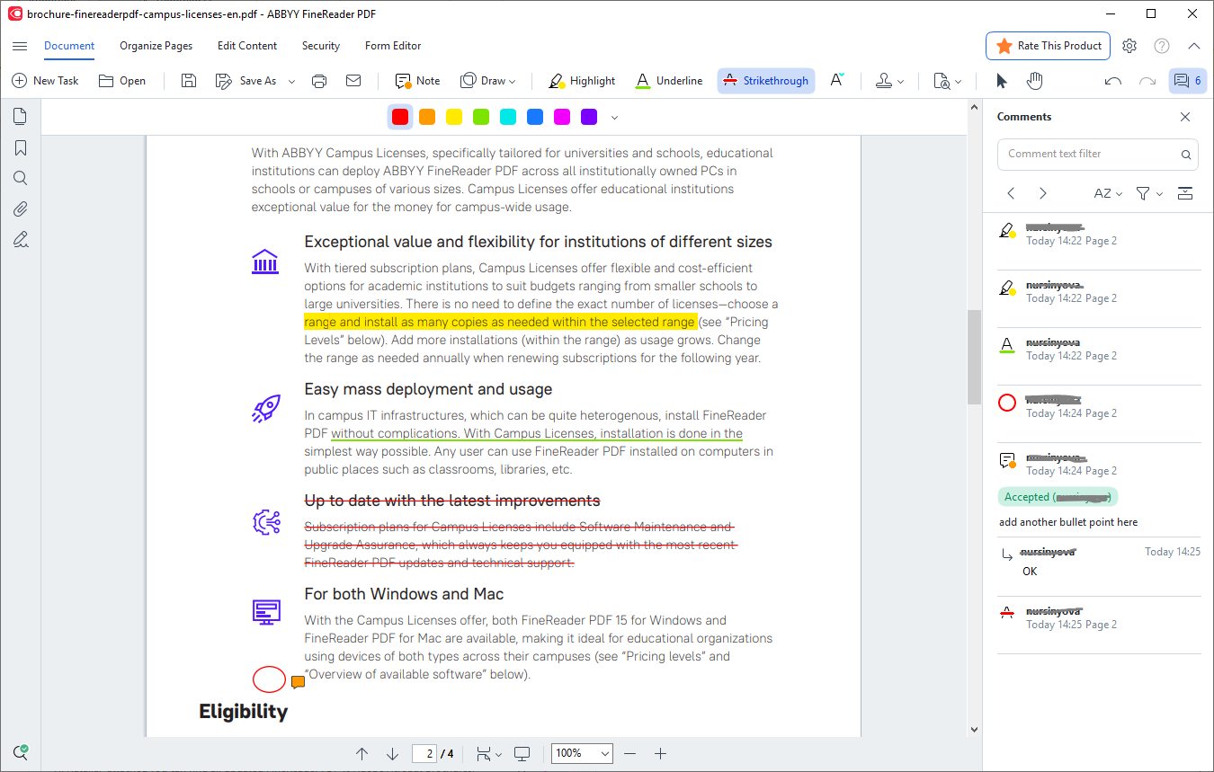 Comentarios y anotaciones en ABBYY FineReader PDF.