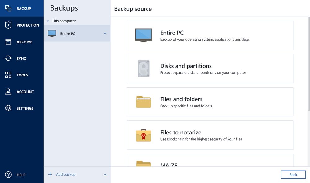 Pantalla de backup de Acronis True Image.