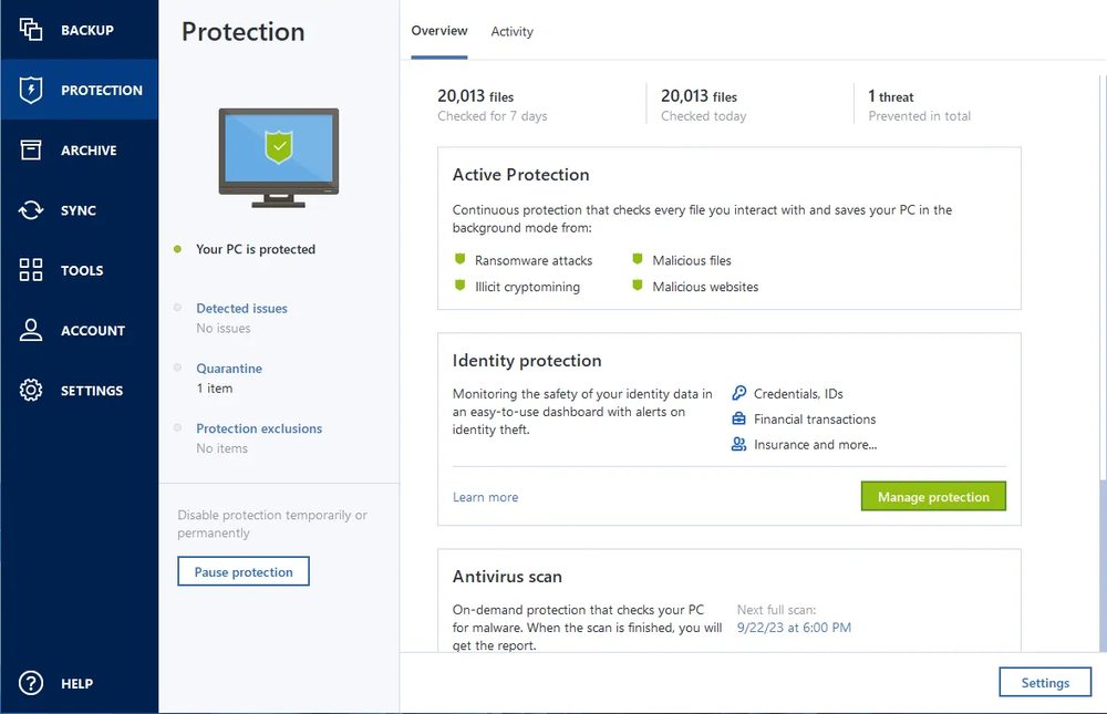 Funciones de identidad y protección en Acronis True Image.