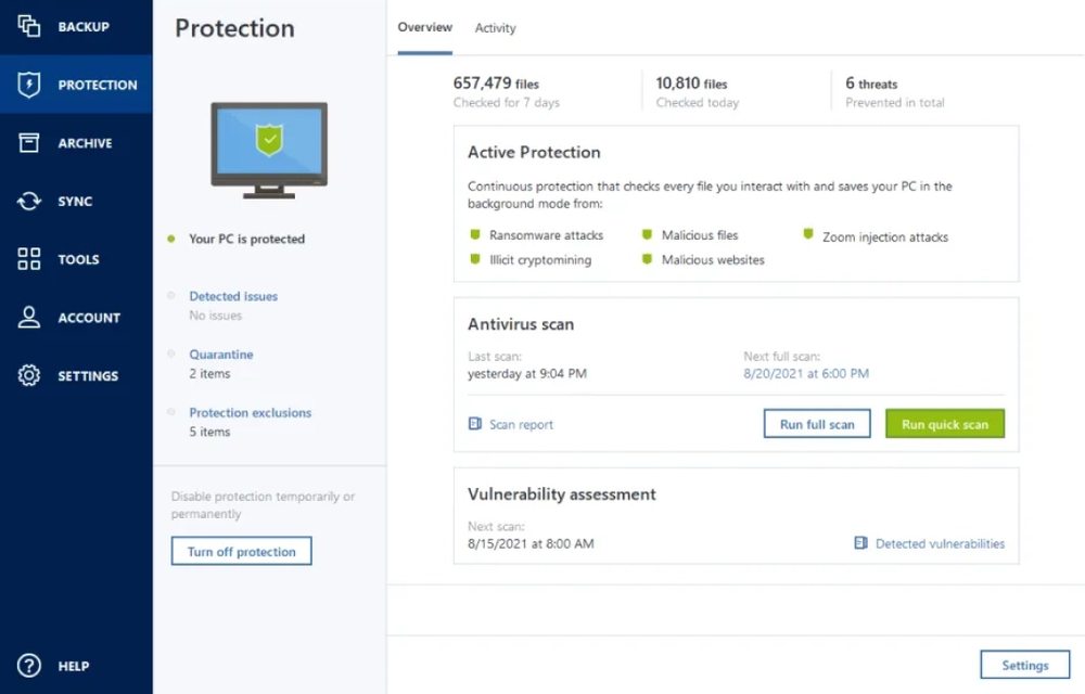 Panel de protección de Acronis True Image.