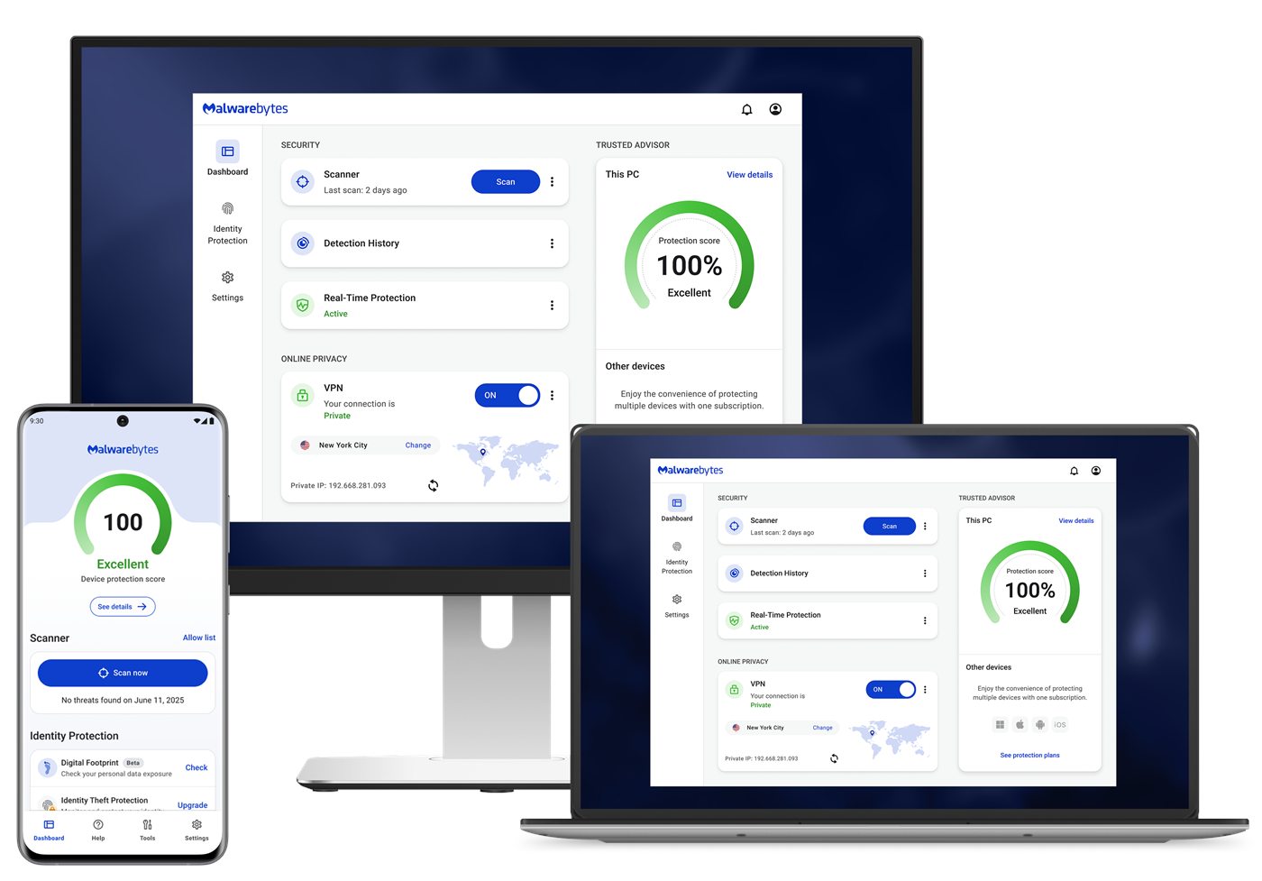 Visual oficial de Malwarebytes en varios dispositivos.