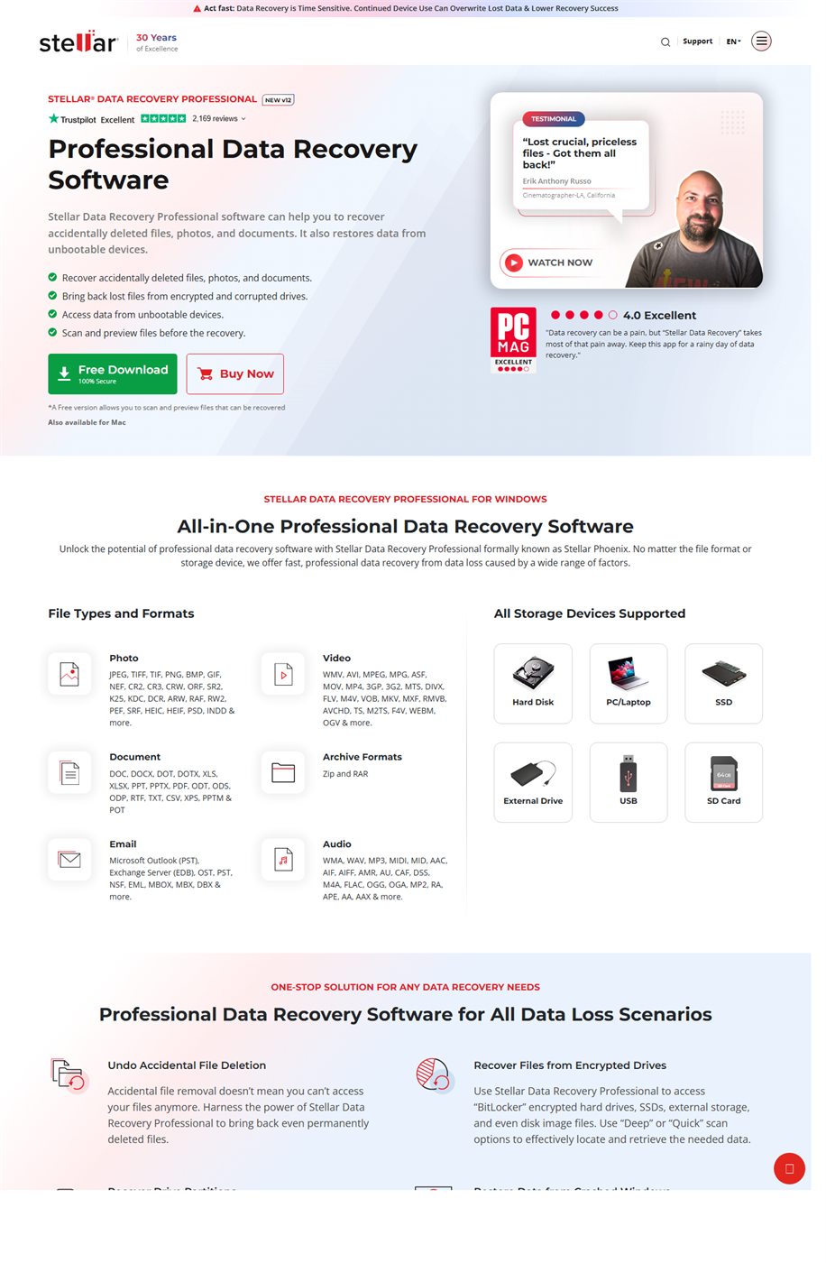 Official Stellar Data Recovery Professional page capture.